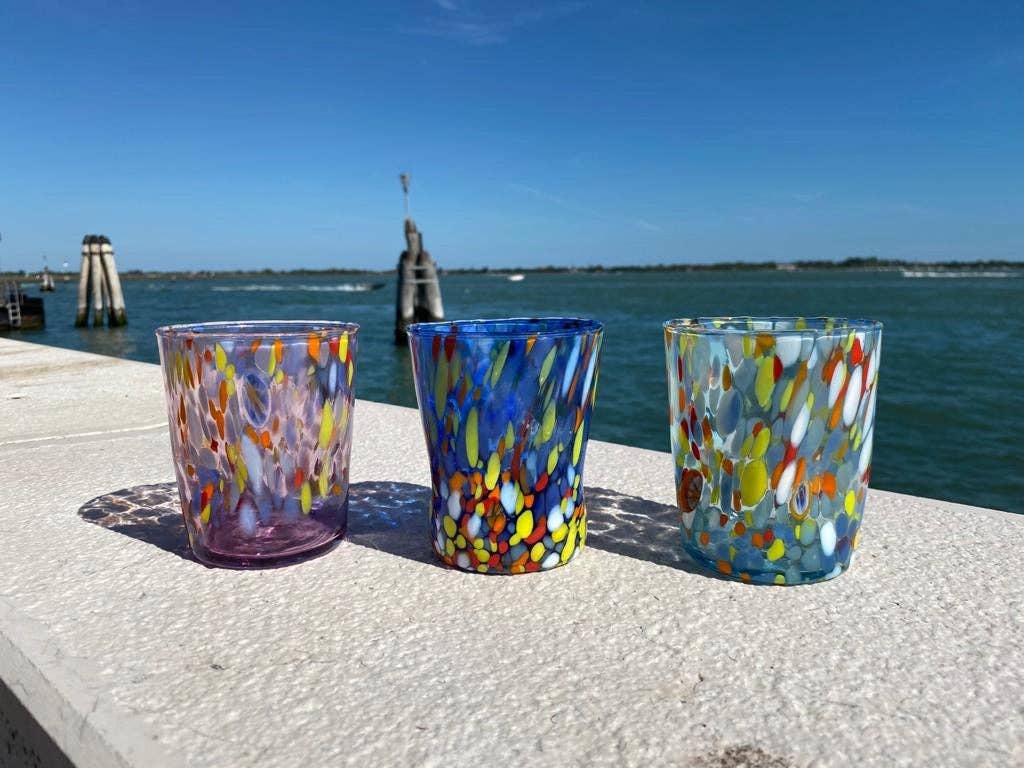 Bicchieri Tumbler Classic in Vetro Soffiati e Lavorati a Mano con Murrine di Murano, linea “I Colori di Murano” 350 ml. Made in Italy: MIX / 6