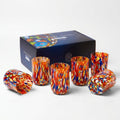 Set di 6 bicchieri cilindro in vetro di Murano rosso con murrine, capacità 400 ml, realizzati da Mazzega Art & Design.